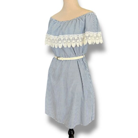 Urbanology Blue Striped Off-Shoulder Sundress with Lace Trim, Medium - Picture 5 of 8